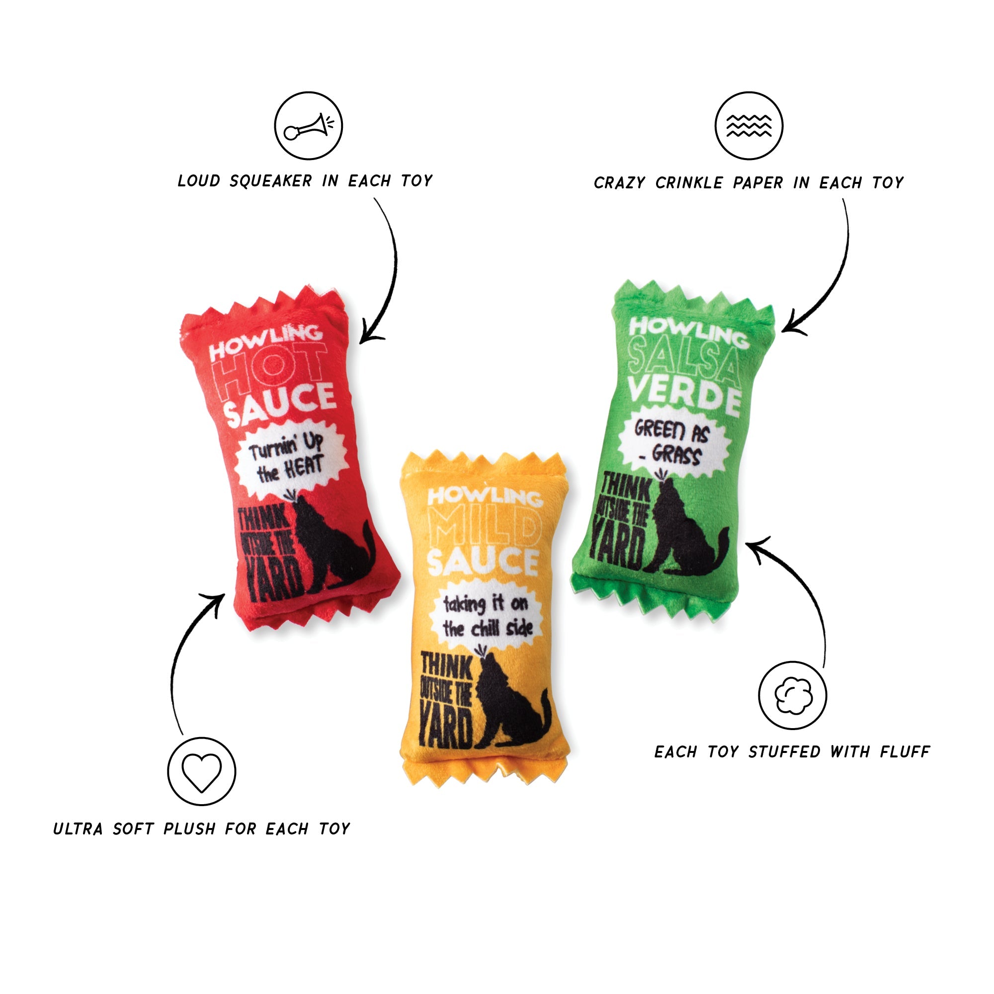 Wagsdale Howling Hot Sauce 3pc Mini Plush Dog Toy Set