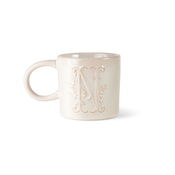 WHITE FLORAL "N" ARTISAN MONOGRAM MUG Fringe Studio