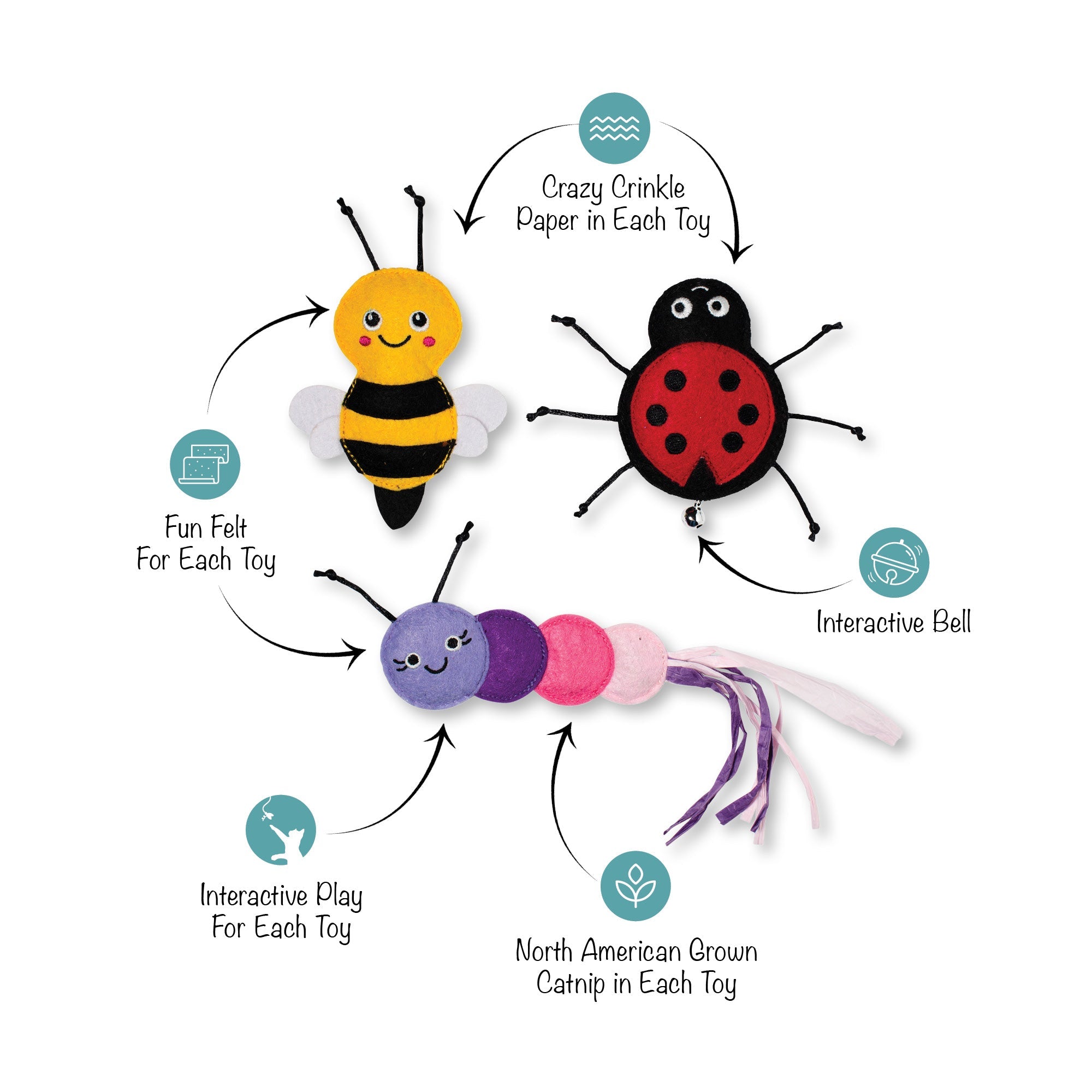 Living The Bug Life 3pc Mini Plush Cat Toy Set