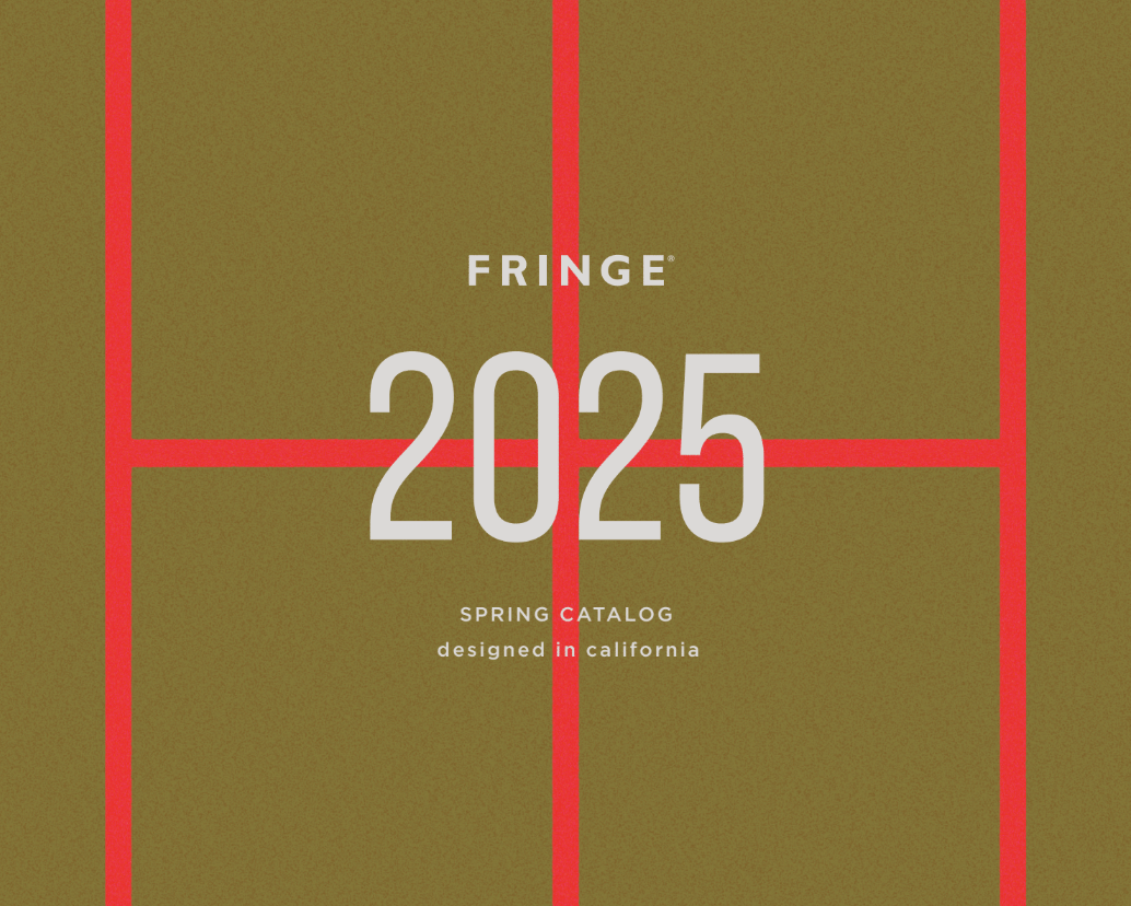 Fringe 2025 Spring Catalog cover with red grid on green background