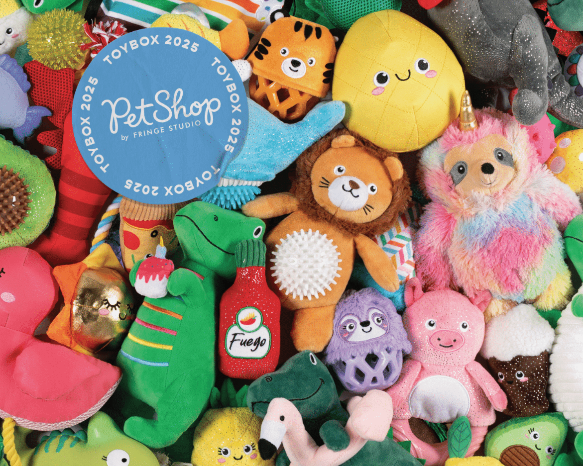 Collection of colorful plush toys with a 'Pet Shop by Fringe Studio' toy box label.